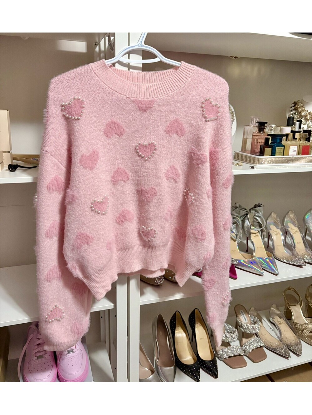 Jessica Simpson Women’s Pink Fuzzy Heart Beaded Knit Crew Pullover Sweater L